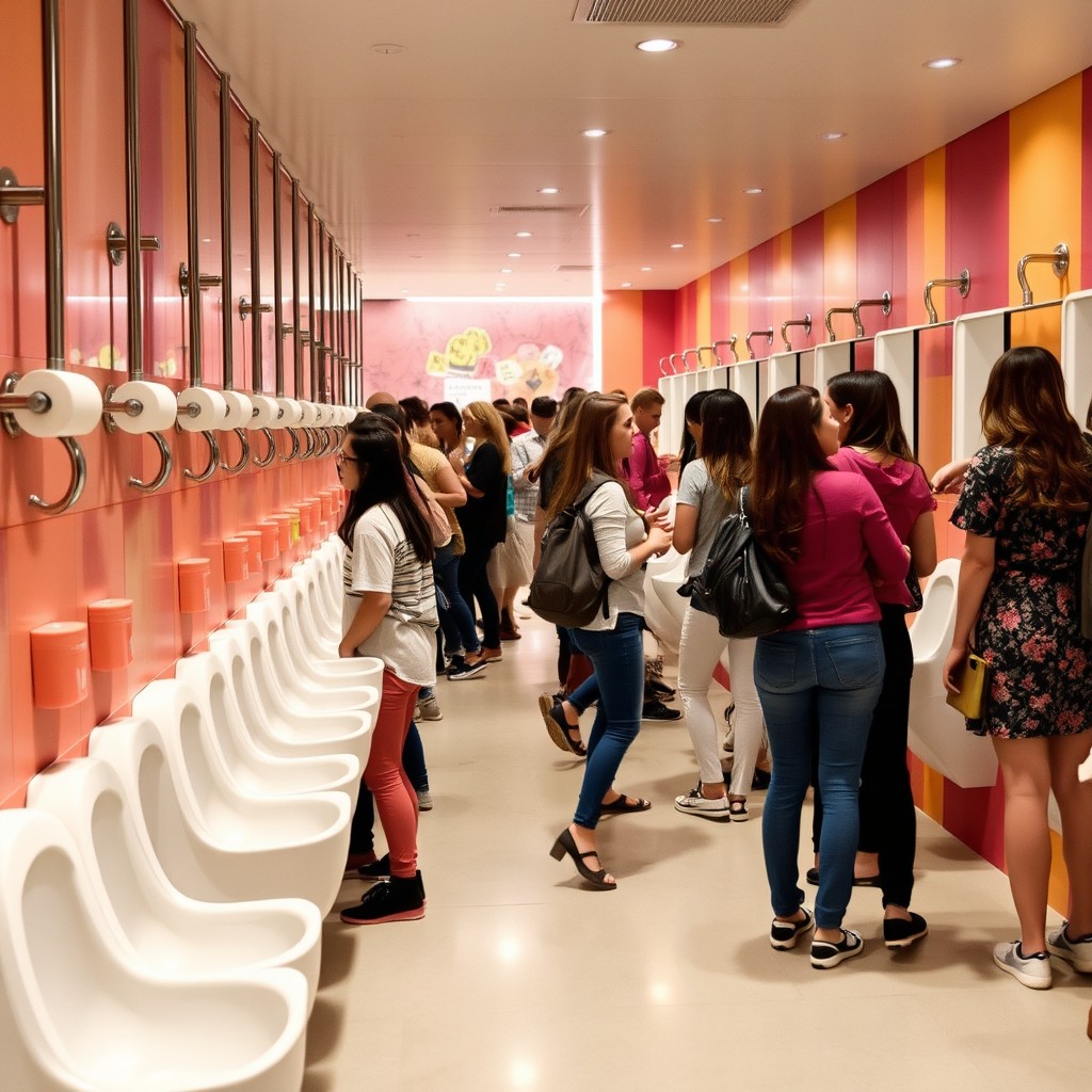 A busy women's restroom featuring long narrow urinals specifically designed for women to straddle