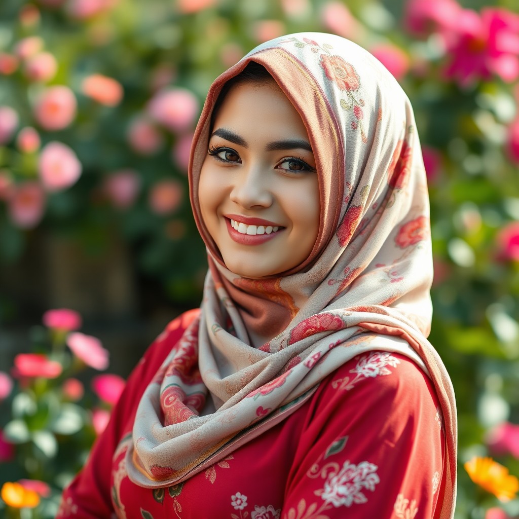A portrait of a confident young woman wearing a beautifully designed hijab, surrounded by vibrant flowers
