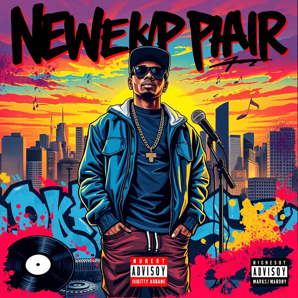 An artistic and vibrant album cover for a rapper's new release, featuring a stylized depiction of the rapper in a confident pose, wearing trendy streetwear
