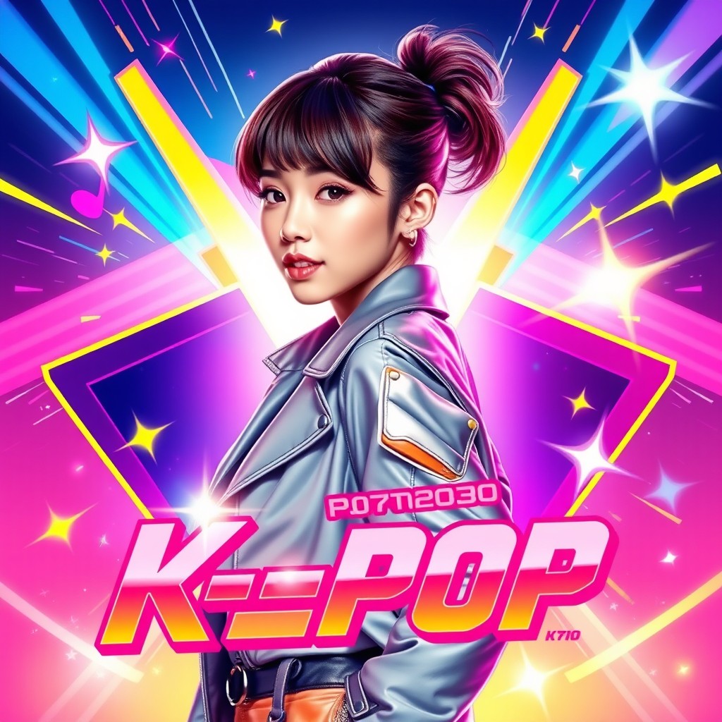A vibrant and colorful K-pop female artist album cover showcasing a young woman with a bold and fashionable hairstyle, wearing a stylish outfit that reflects the latest trends in the K-pop scene