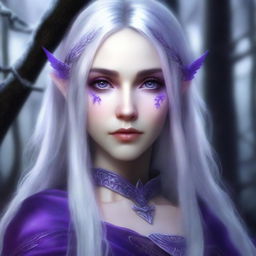 Generate an image of a half-elf girl with long silver hair and purple eyes, displaying a cold gaze. She is amid a magical forest background.