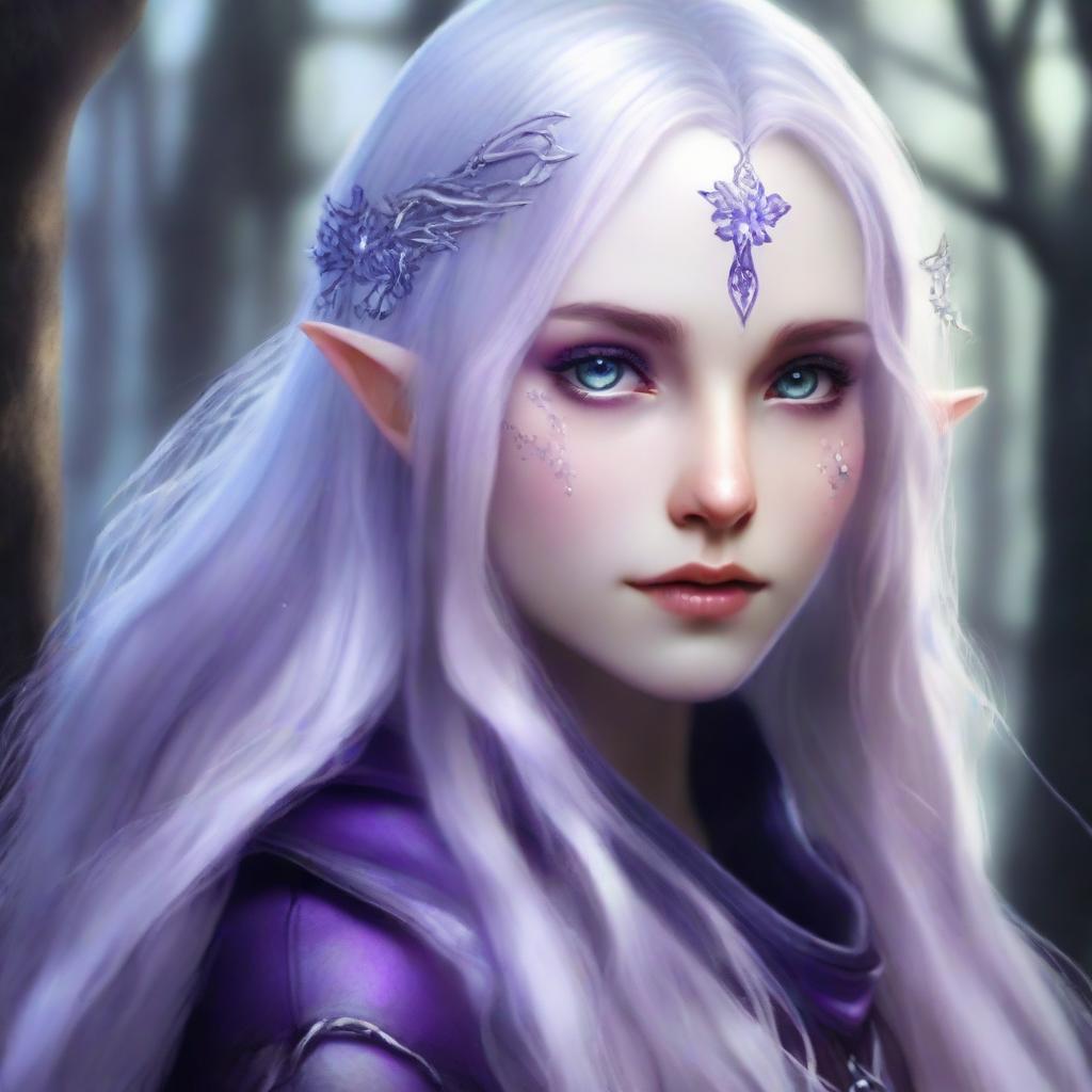 Generate an image of a half-elf girl with long silver hair and purple eyes, displaying a cold gaze. She is amid a magical forest background.