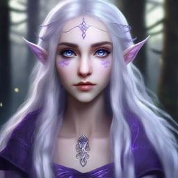 Generate an image of a half-elf girl with long silver hair and purple eyes, displaying a cold gaze. She is amid a magical forest background.