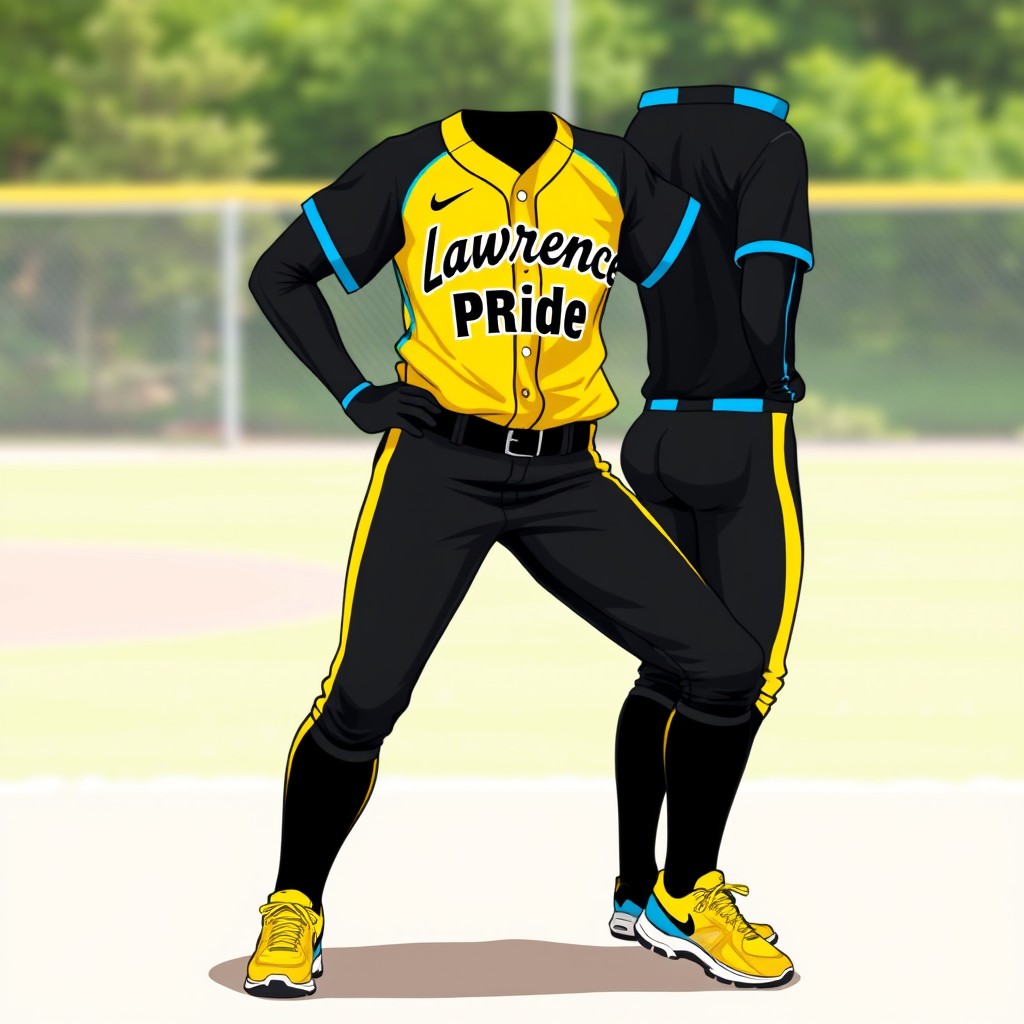 A vibrant and dynamic illustration of a softball uniform featuring striking black pants and jerseys predominantly in a bright yellow hue