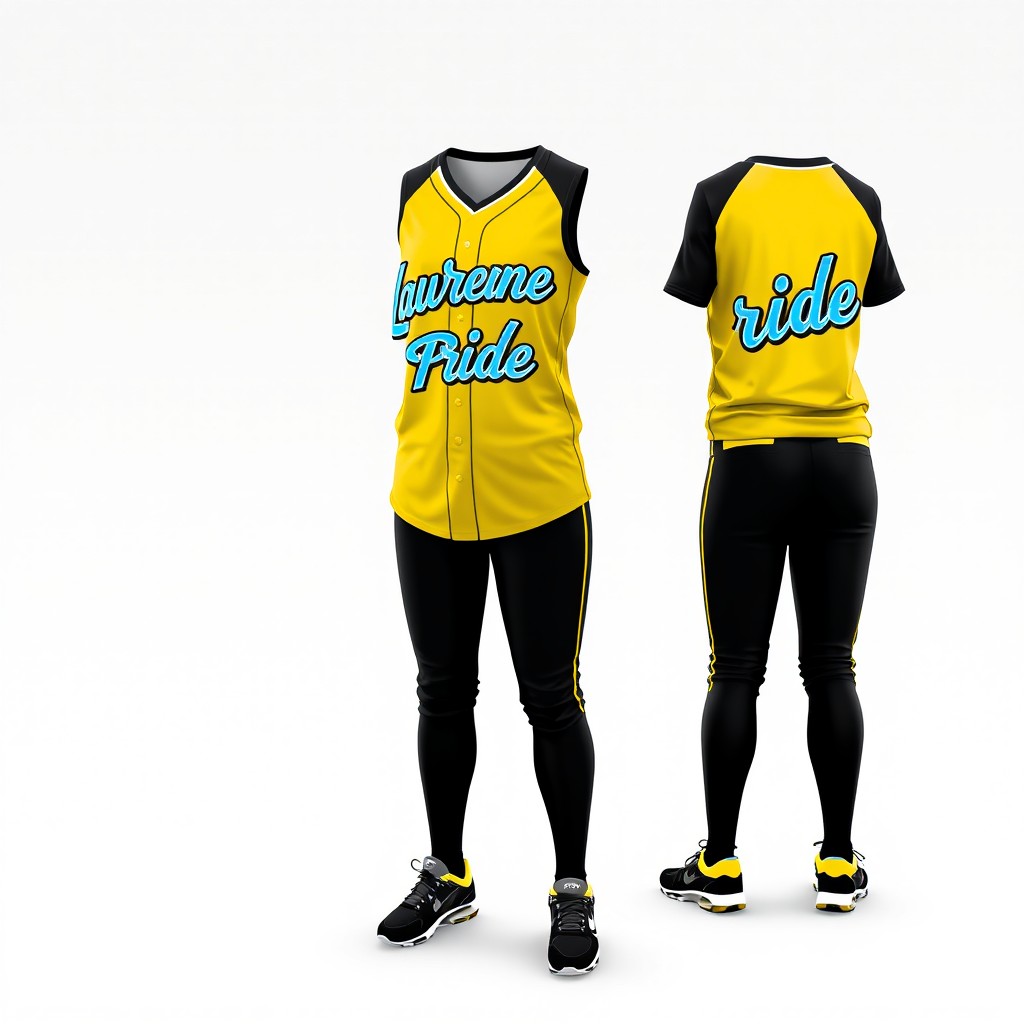 A dynamic and vibrant softball uniform design featuring black pants and jerseys that are predominantly yellow