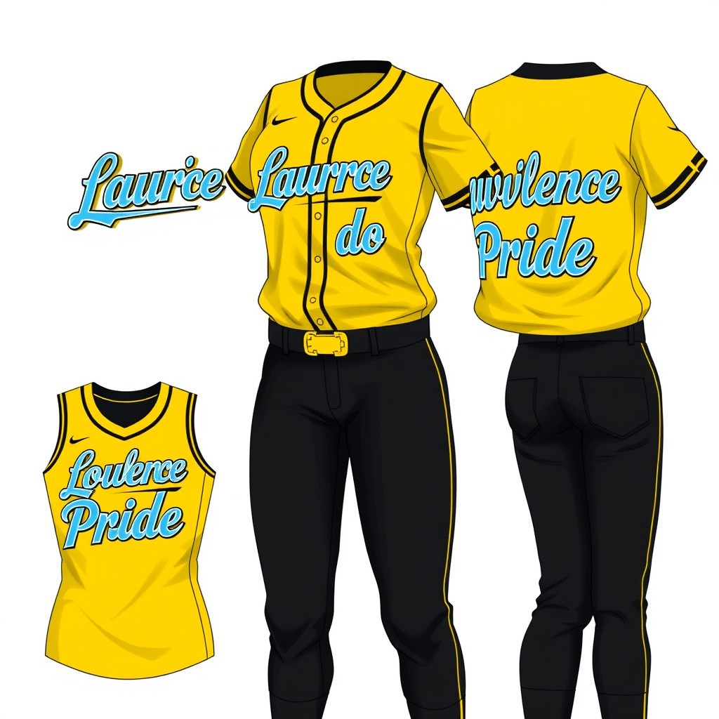 A detailed design of a softball uniform featuring all black pants and jerseys predominantly in yellow