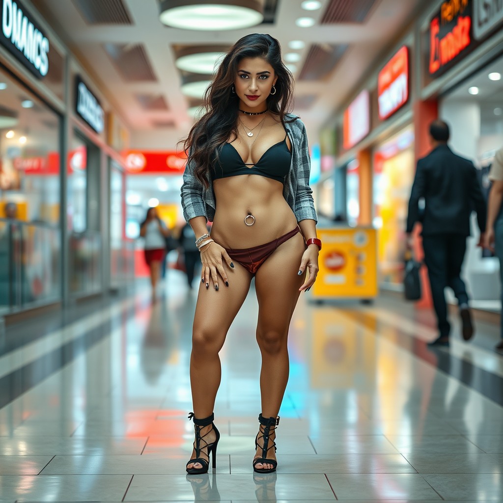 A beautiful Iranian woman standing in a shopping mall, casually urinating on the floor