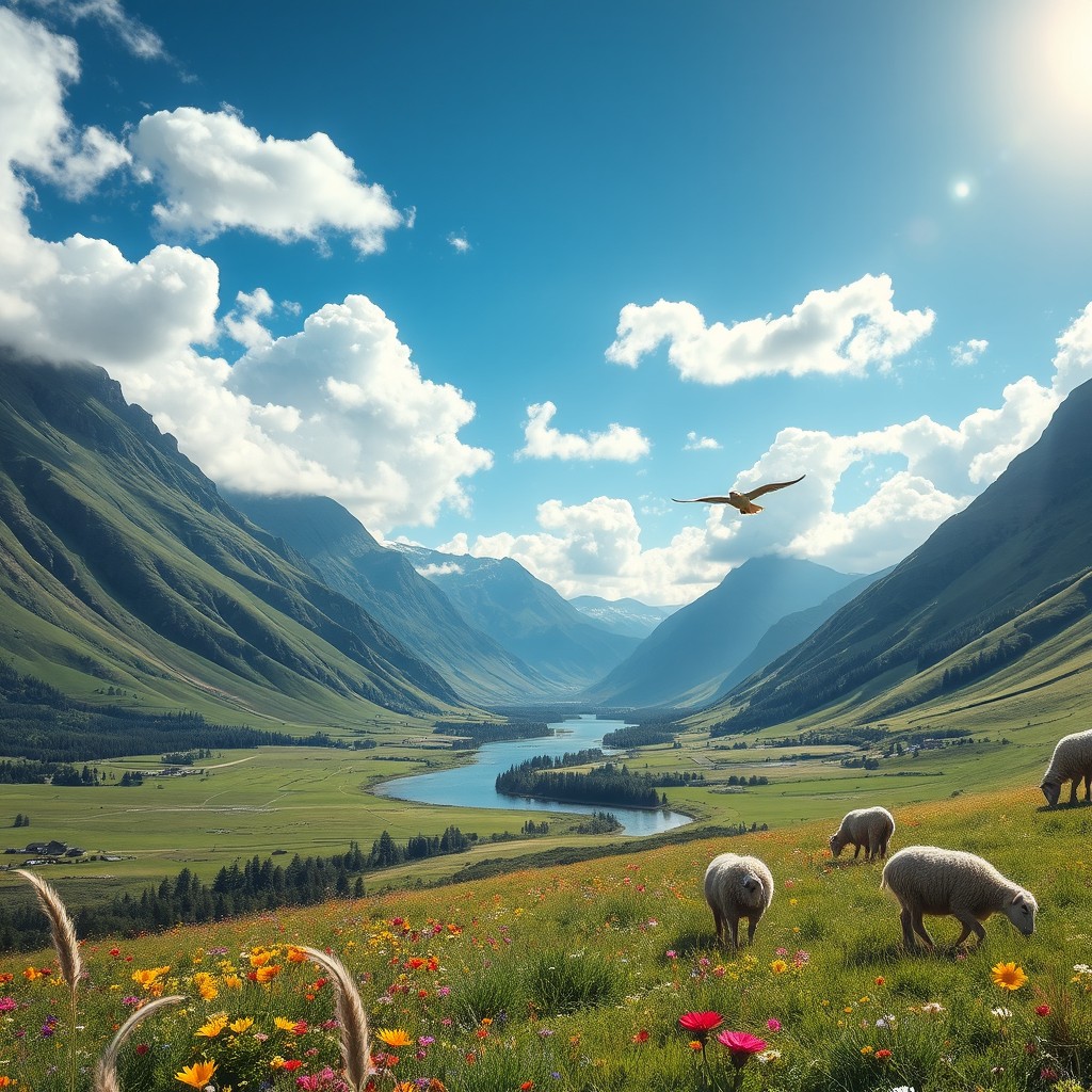 A scenic view of a lush green valley surrounded by towering mountains, with a bright blue sky adorned with fluffy white clouds