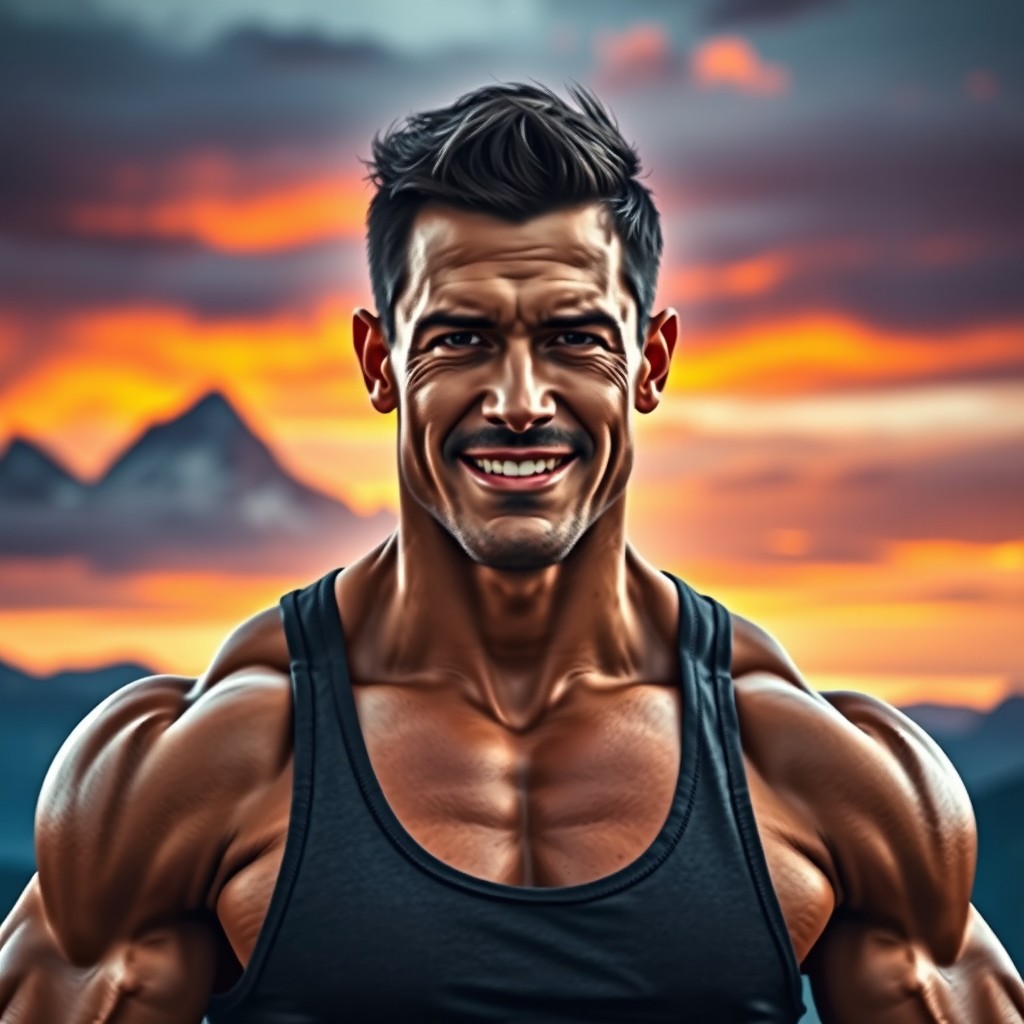 A stunning portrait of a muscular man named Arnold, showcasing his chiseled physique and intense expression
