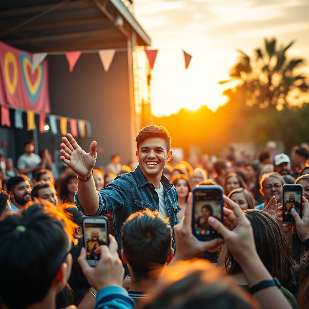 A vibrant, charismatic scene featuring an energetic public speaker addressing an enthusiastic crowd