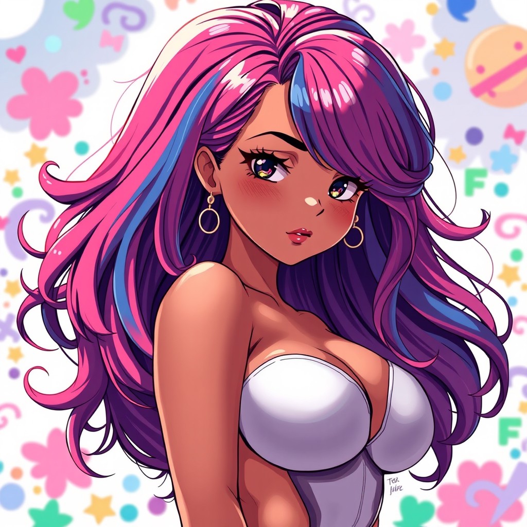 A voluptuous and curvy anime woman with stunning two-toned hair, showcasing vibrant hues that enhance her lively appearance