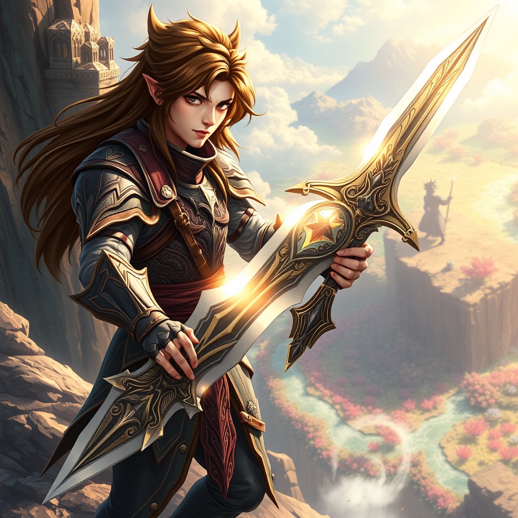 A fantasy fighter with brown hair, gripping a beautifully ornate sword, dressed in an intricately designed armor that is both functional and stylish