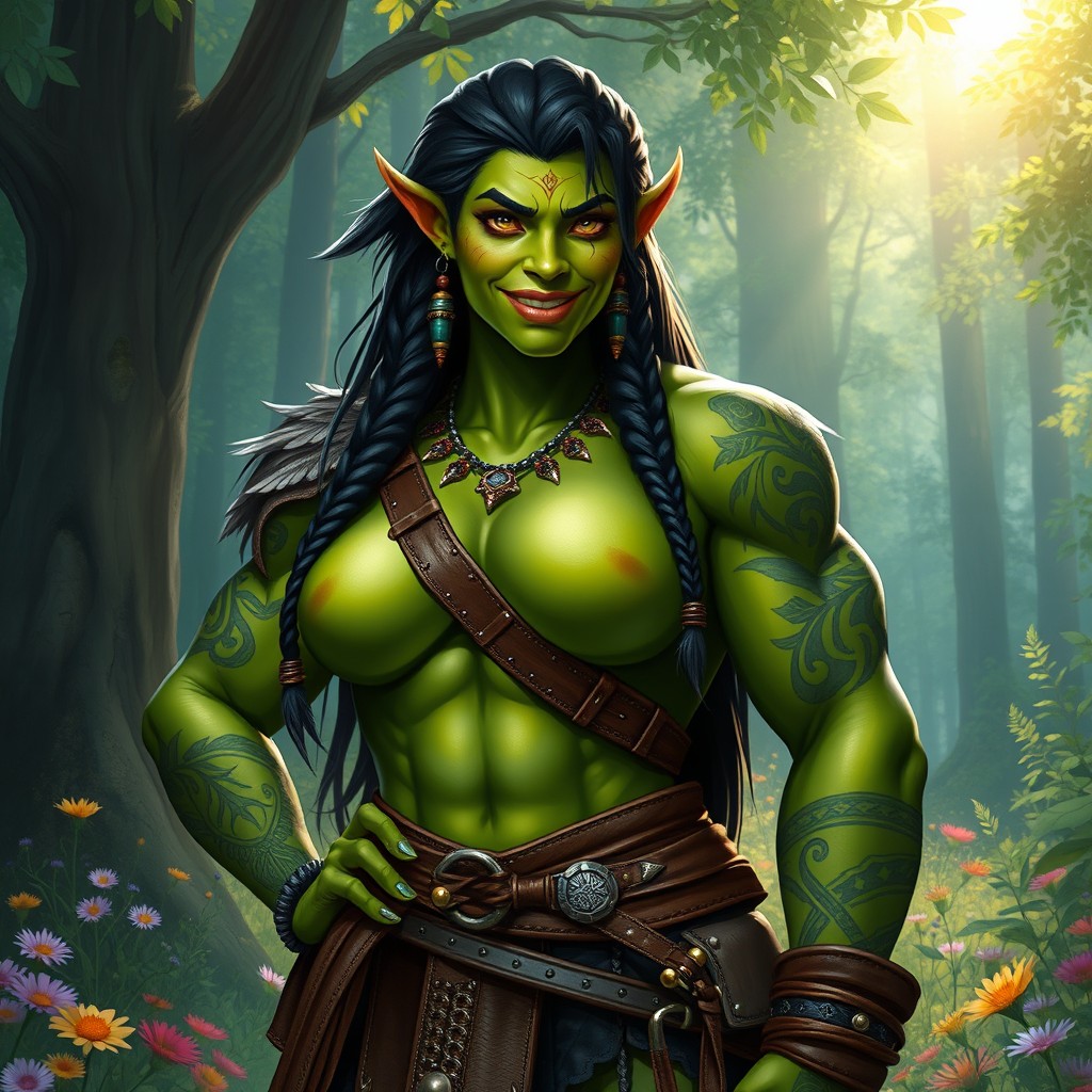 A female orc wife, muscular and strong, with green skin and elaborate tribal tattoos covering her arms and shoulders