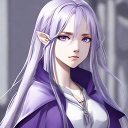 Render an image of a half-elf girl with long silver hair and purple eyes, styled in anime street-wear. The background is nondescript, focusing on her cold gaze.