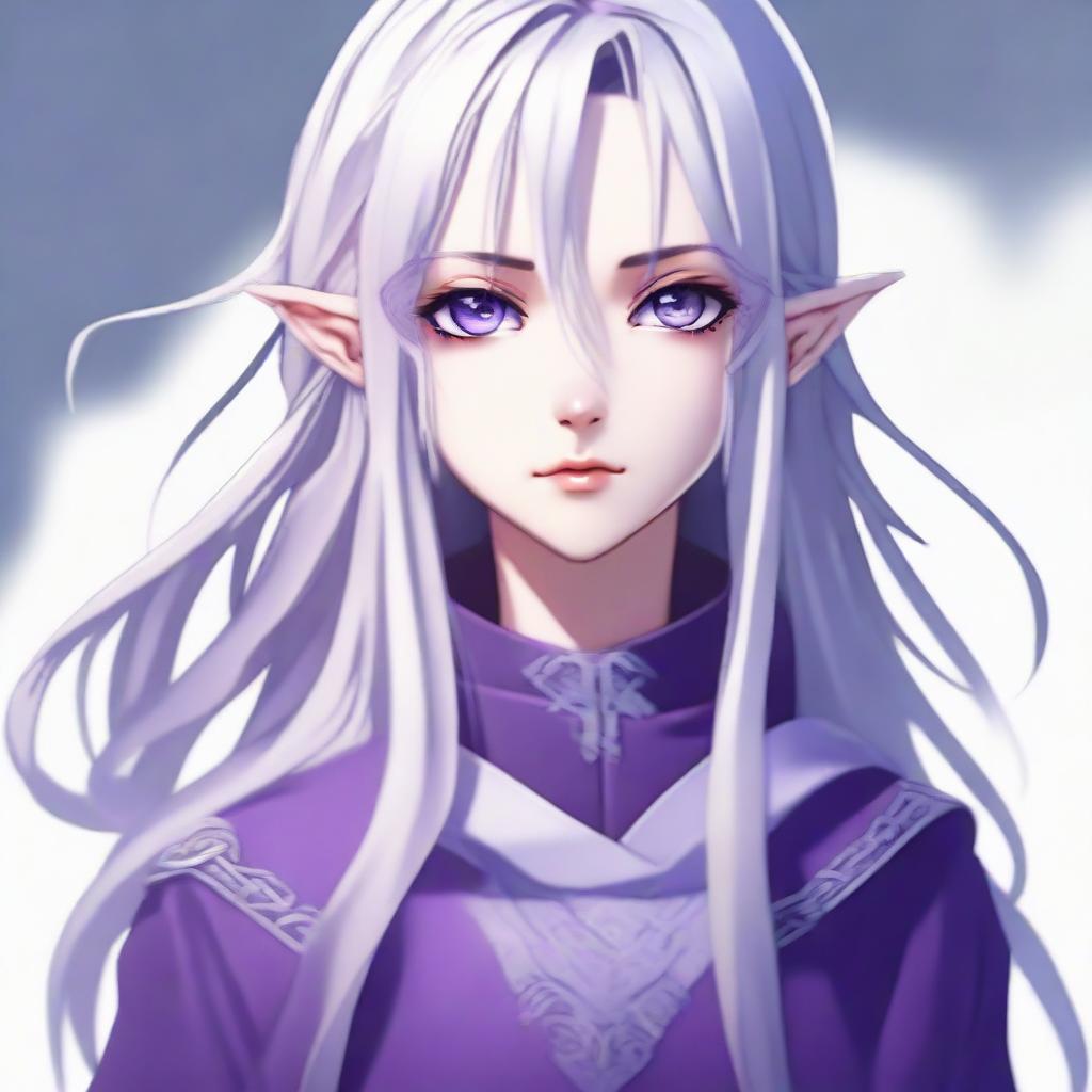 Render an image of a half-elf girl with long silver hair and purple eyes, styled in anime street-wear. The background is nondescript, focusing on her cold gaze.