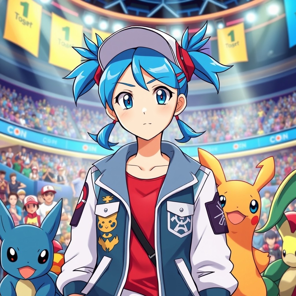 A 17-year-old Pokémon trainer with bright blue hair styled in two playful ponytails