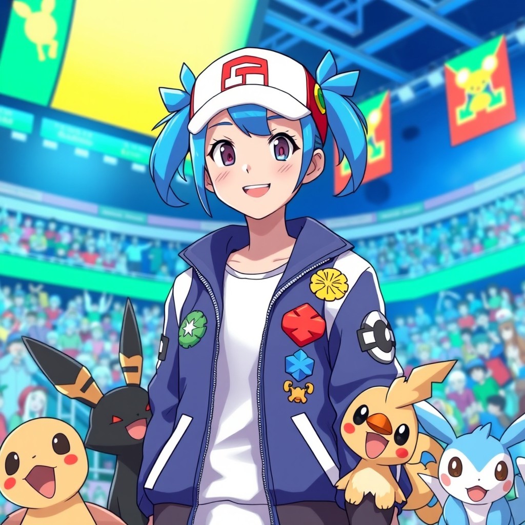 A friendly 17-year-old Pokémon trainer with bright blue hair styled in two playful ponytails