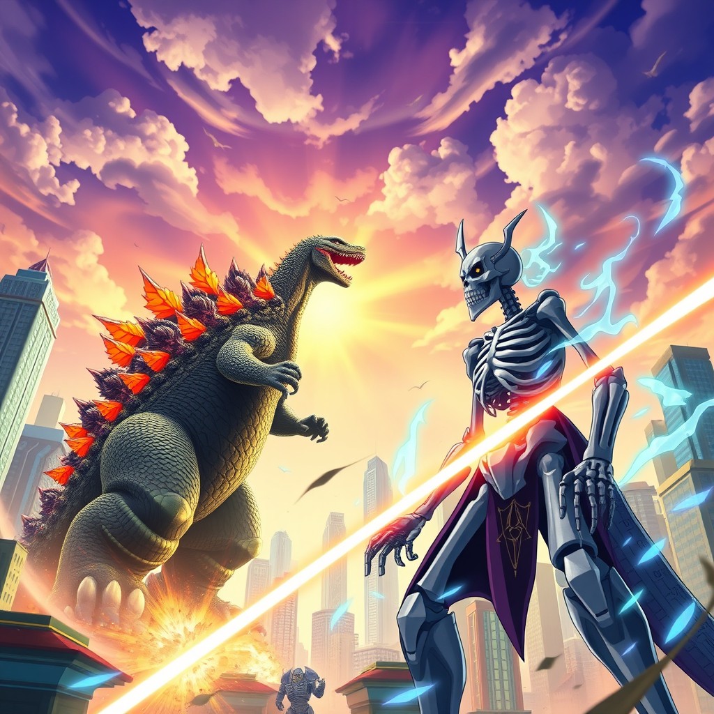 An epic battle scene showcasing Evolved Godzilla from Monsterverse and the Skeleton King from Super Robot Monkey Team Hyperforce Go! The backdrop is a vibrant, futuristic city, Shuggazoom City, with its tall, colorful buildings and energetic atmosphere