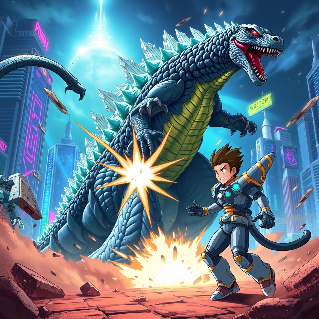 An intense action scene depicting Evolved Godzilla from Monsterverse clashing with Chiro Takashi from Super Robot Monkey Team Hyperforce Go! in the vibrant, futuristic setting of Shuggazoom City