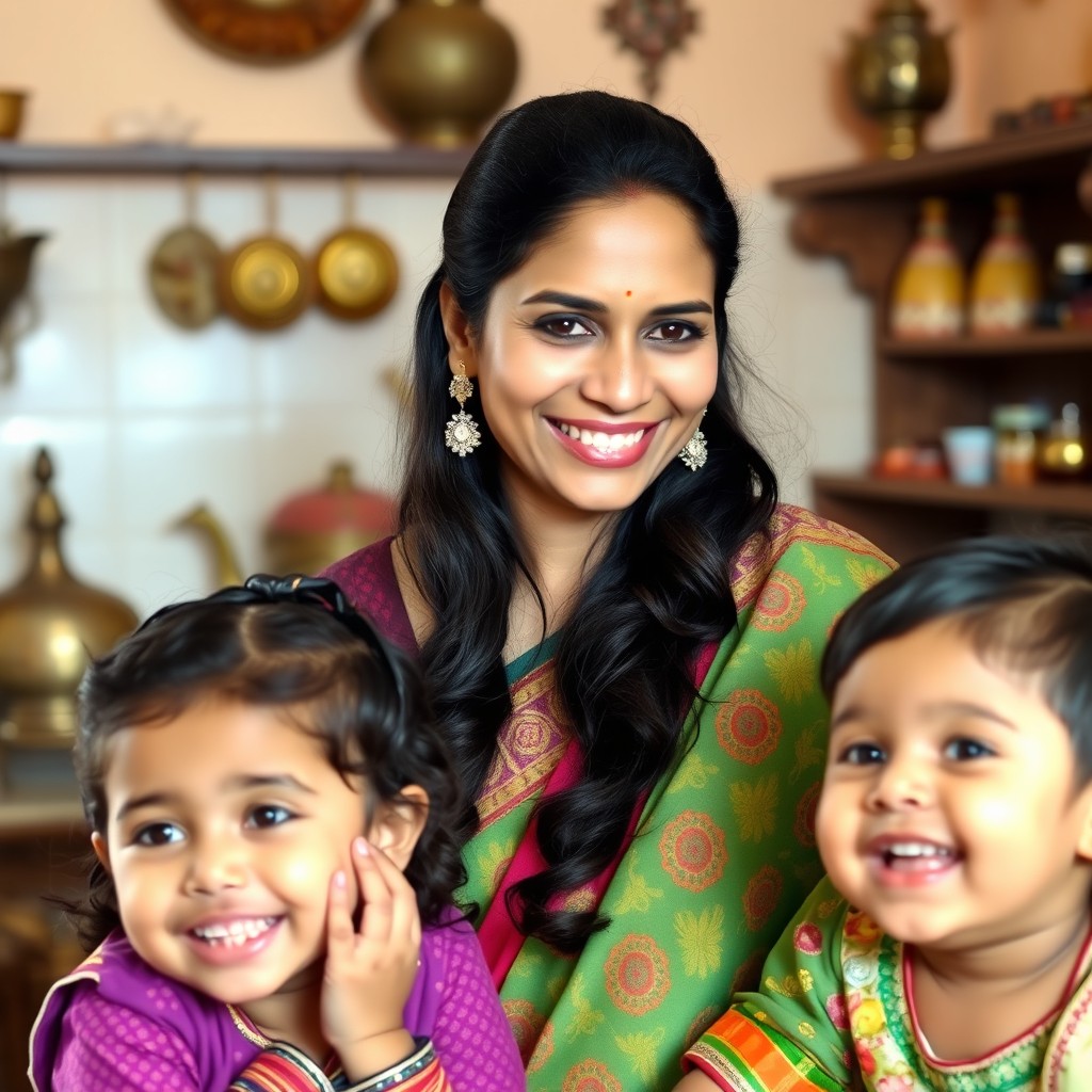 A portrait of an Indian mother in traditional attire, showcasing vibrant colors and intricate patterns of her saree