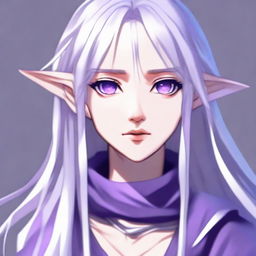 Render an image of a half-elf girl with long silver hair and purple eyes, styled in anime street-wear. The background is nondescript, focusing on her cold gaze.