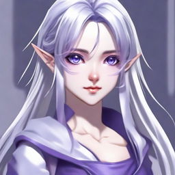 Render an image of a half-elf girl with long silver hair and purple eyes, styled in anime street-wear. The background is nondescript, focusing on her cold gaze.