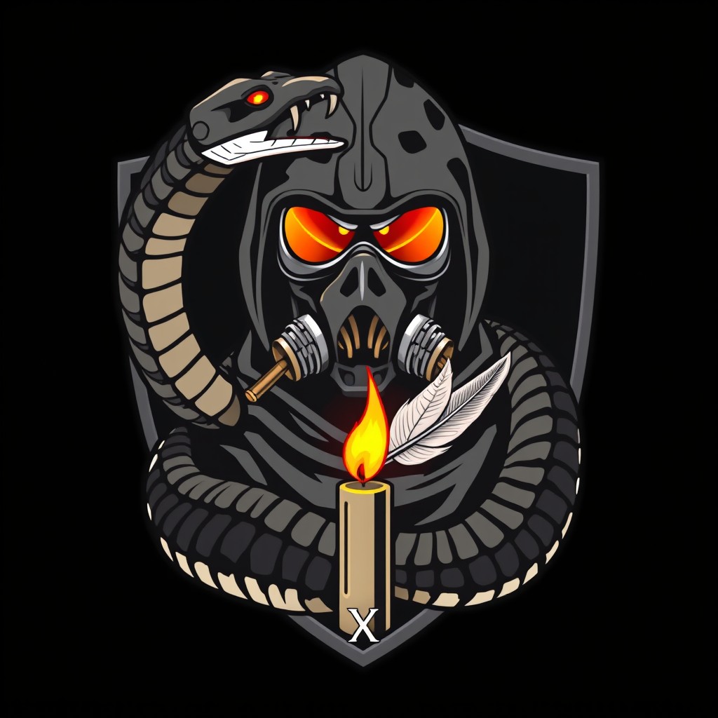 A vector morale patch emblem featuring a modern military Grim Reaper enclosed inside a dark shield