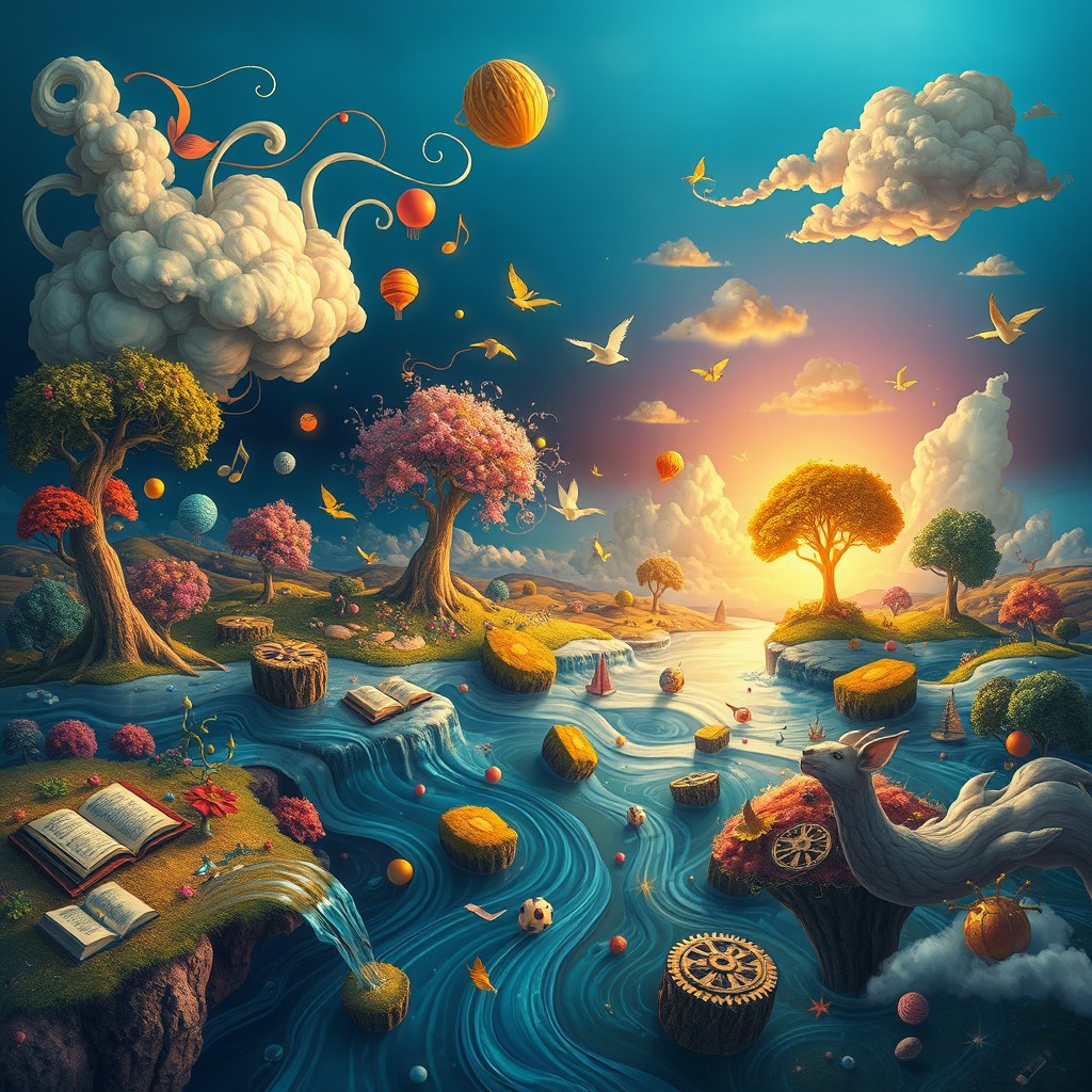 A surreal landscape depicting a fantastical mind space, filled with vibrant colors and abstract shapes representing thoughts and ideas
