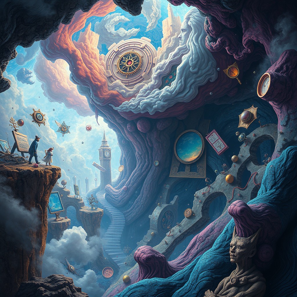 A surreal exploration of the depths of the mind, showcasing a labyrinthine landscape filled with symbolic elements representing thoughts, emotions, and memories