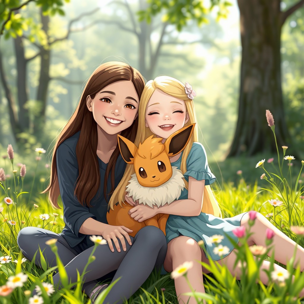A girl with long, flowing blonde hair and a brunette companion, both smiling and sitting in a serene natural setting
