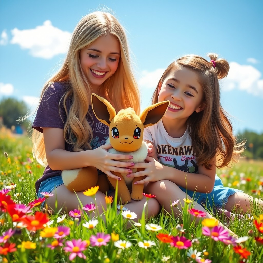 A girl with beautiful long blonde hair and her brunette friend, both joyfully interacting in a vibrant natural setting