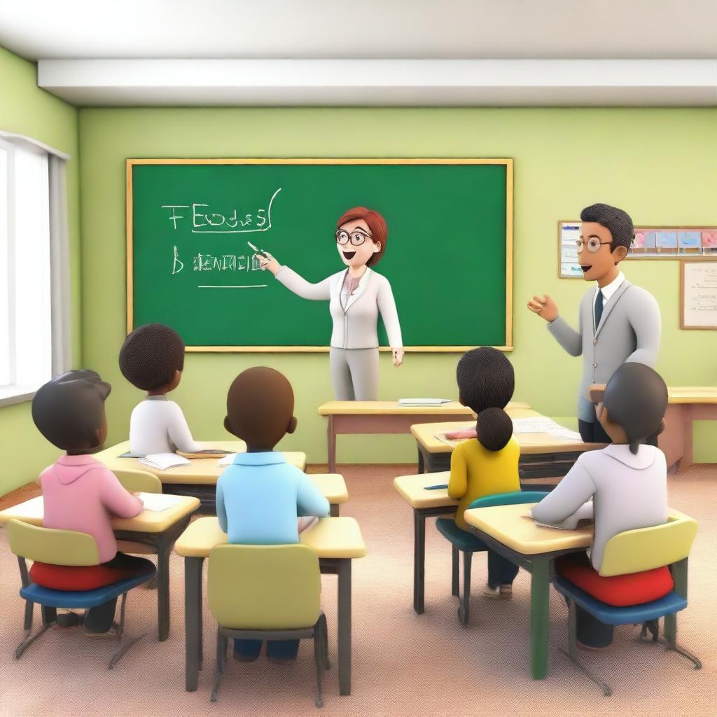 A high-quality 3D render showcasing a brilliant teacher passionately teaching English to a group of eager learners in a creatively designed classroom