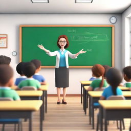 A high-quality 3D render showcasing a brilliant teacher passionately teaching English to a group of eager learners in a creatively designed classroom