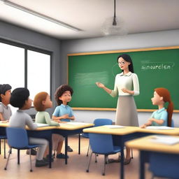 A high-quality 3D render showcasing a brilliant teacher passionately teaching English to a group of eager learners in a creatively designed classroom