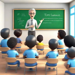 A high-quality 3D render showcasing a brilliant teacher passionately teaching English to a group of eager learners in a creatively designed classroom