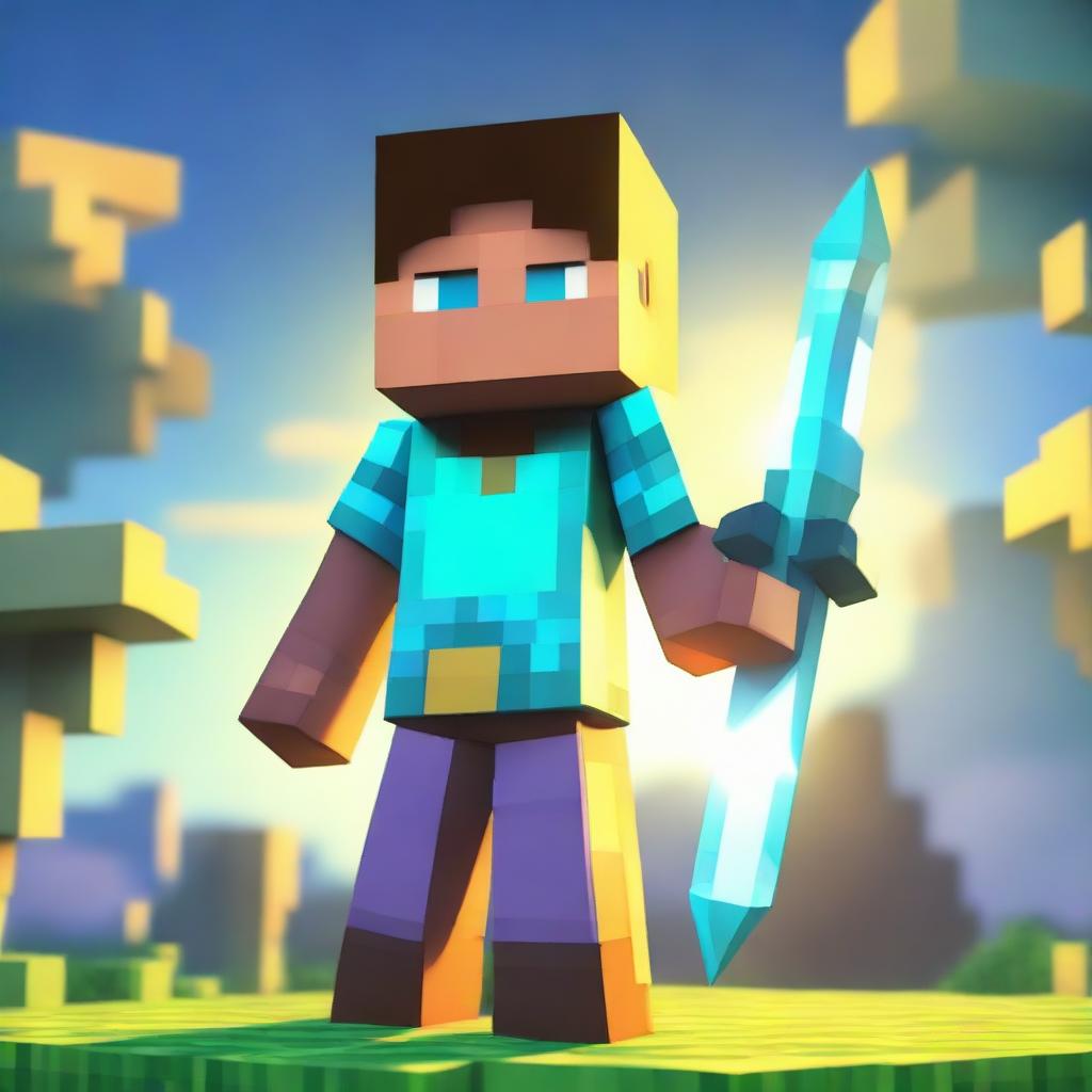 Alex from Minecraft transformed into a legendary character, equipped with enchanted diamond armor and sword, standing tall under a blocky, magic-lit sky in the Minecraft world.