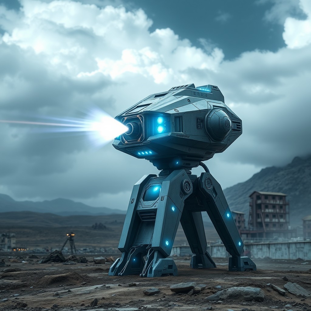 A futuristic laser turret designed for defense in a sci-fi setting, showcasing sleek metallic surfaces, glowing blue energy beams, and intricate detailing