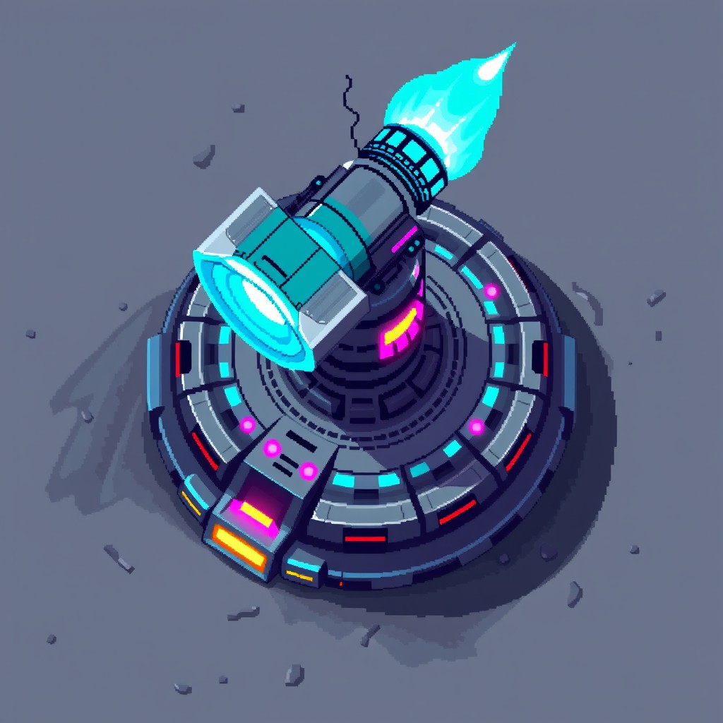 A top-down view, 2D pixel art sprite of a sci-fi turret