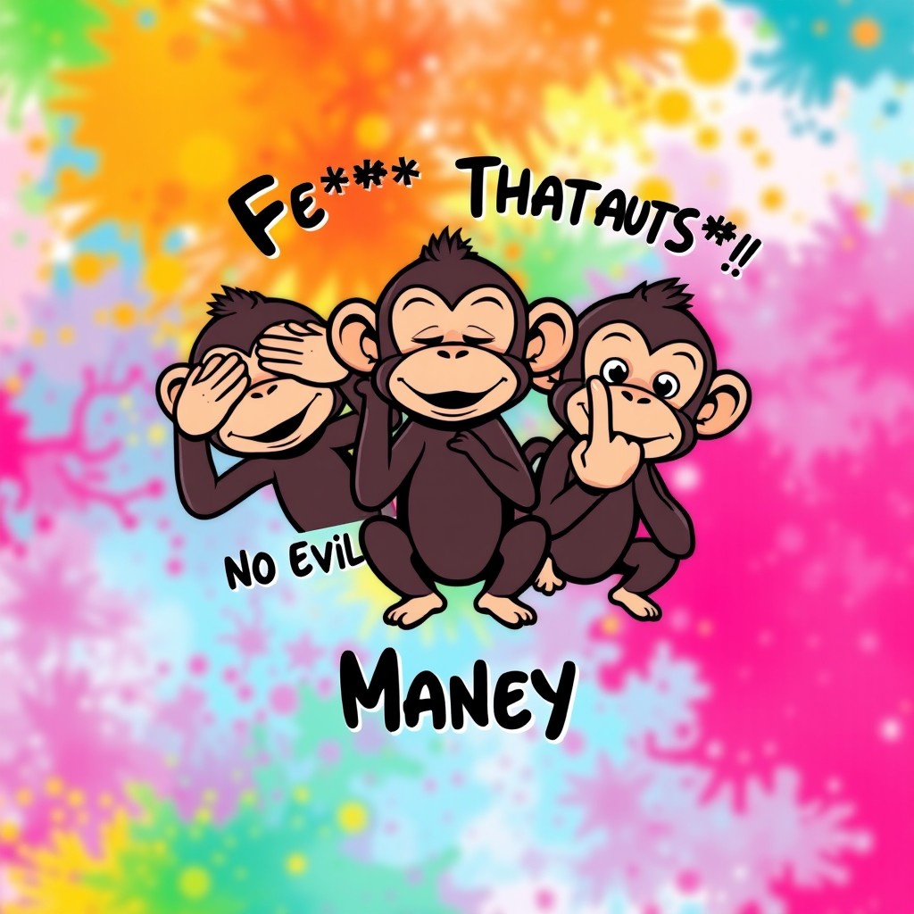 A graphic t-shirt design featuring three playful cartoon monkeys