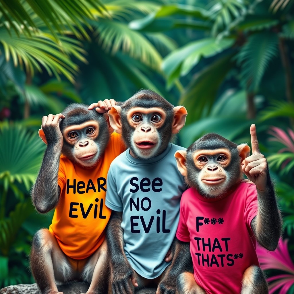 Three mischievous monkeys engaging in a playful scene