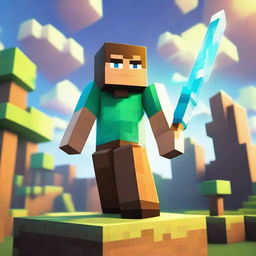 Alex from Minecraft transformed into a legendary character, equipped with enchanted diamond armor and sword, standing tall under a blocky, magic-lit sky in the Minecraft world.