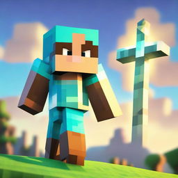 Alex from Minecraft transformed into a legendary character, equipped with enchanted diamond armor and sword, standing tall under a blocky, magic-lit sky in the Minecraft world.