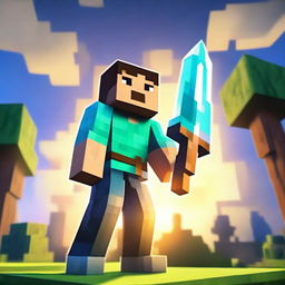 Alex from Minecraft transformed into a legendary character, equipped with enchanted diamond armor and sword, standing tall under a blocky, magic-lit sky in the Minecraft world.