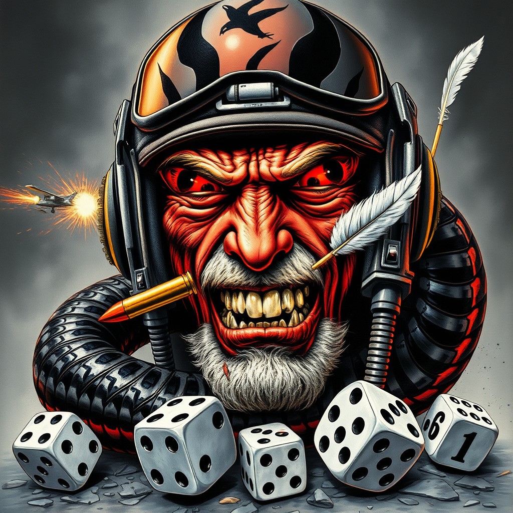 A 1980s heavy metal vinyl album cover art in the style of Derek Riggs, showcasing a dark comic book aesthetic