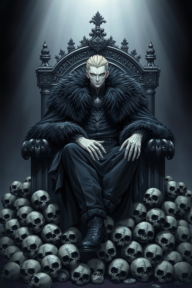 A 1000-year-old male character with pale skin, who appears to be 26 years old, sitting regally on a black throne supported by 100 crushed skulls, radiating an aura of skepticism and ruthlessness