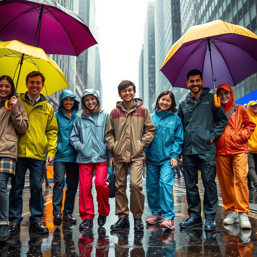 A stylish collection of rainwear displayed in an urban setting, featuring various types of rain jackets, trousers, and umbrellas in vibrant colors and modern designs