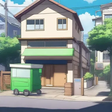 In the anime, the protagonist's house is located next to a bustling street, and a dustcart is seen passing by in the background.