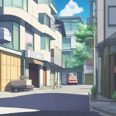 In the anime, the protagonist's house is located next to a bustling street, and a dustcart is seen passing by in the background.