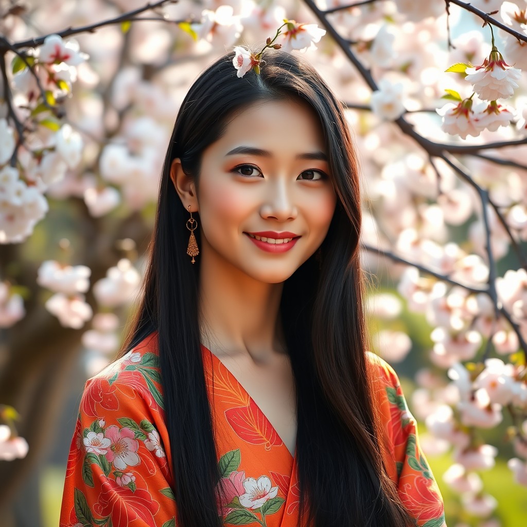 A portrait of a beautiful Asian woman with long black hair, wearing a colorful traditional dress