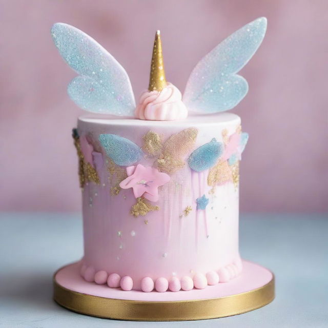 A whimsical tooth fairy themed cake with delicate pastel icing, adorned with edible glitter, sugar stars and intricate fairy wings on top.